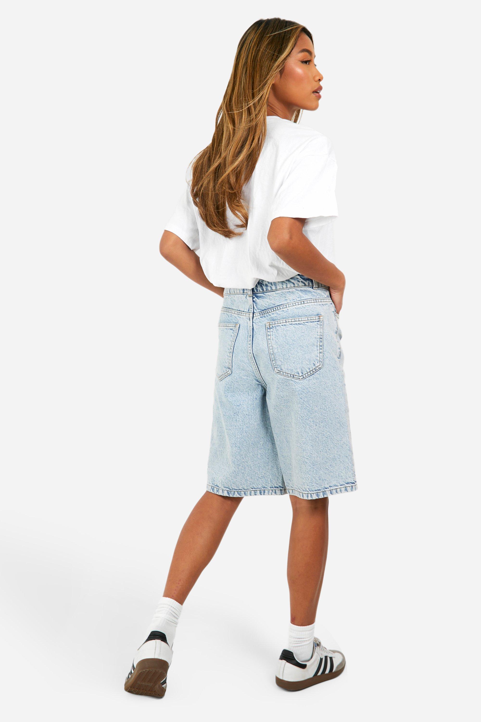 Light Blue Acid Wash Longline Denim Jorts | boohoo USA Light Blue Acid Wash Longline Denim Jorts | boohoo USA